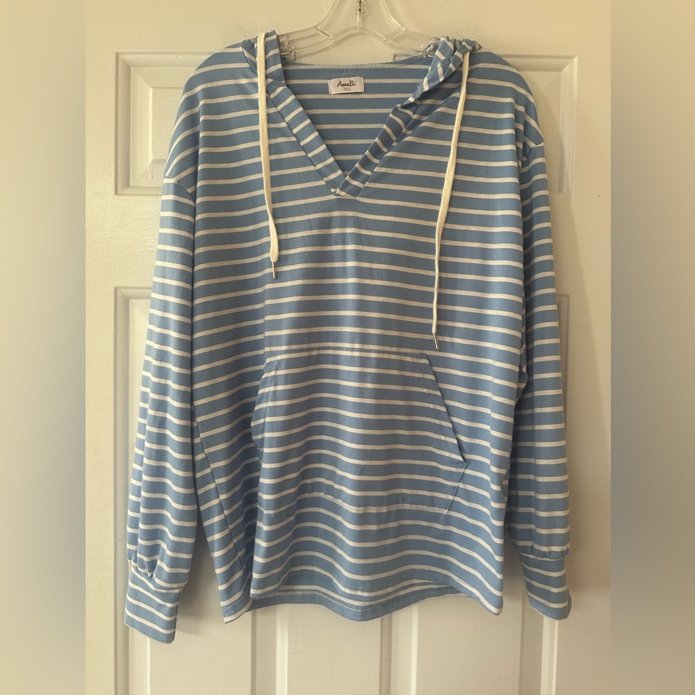 Amalli Talli Blue‎ & White Striped V-Neck Hooded Long-sleeve Tee Small.